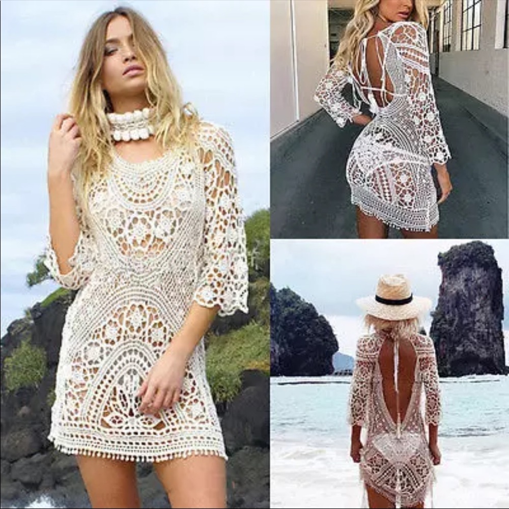 CROCHET SWIM COVERUP BOHO LACE DRESS OPEN BACK - Picture 6 of 9